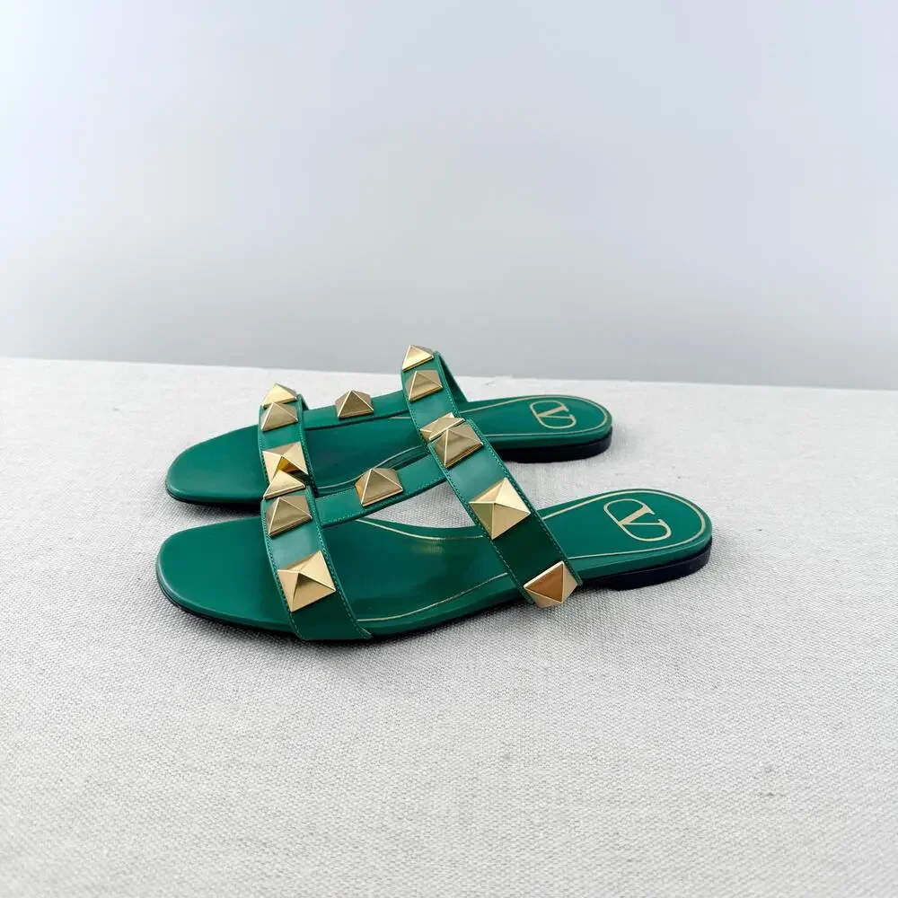 Valentino Garavani Roman Stud Slip On Slide Sandals Green Women's Size EU 36